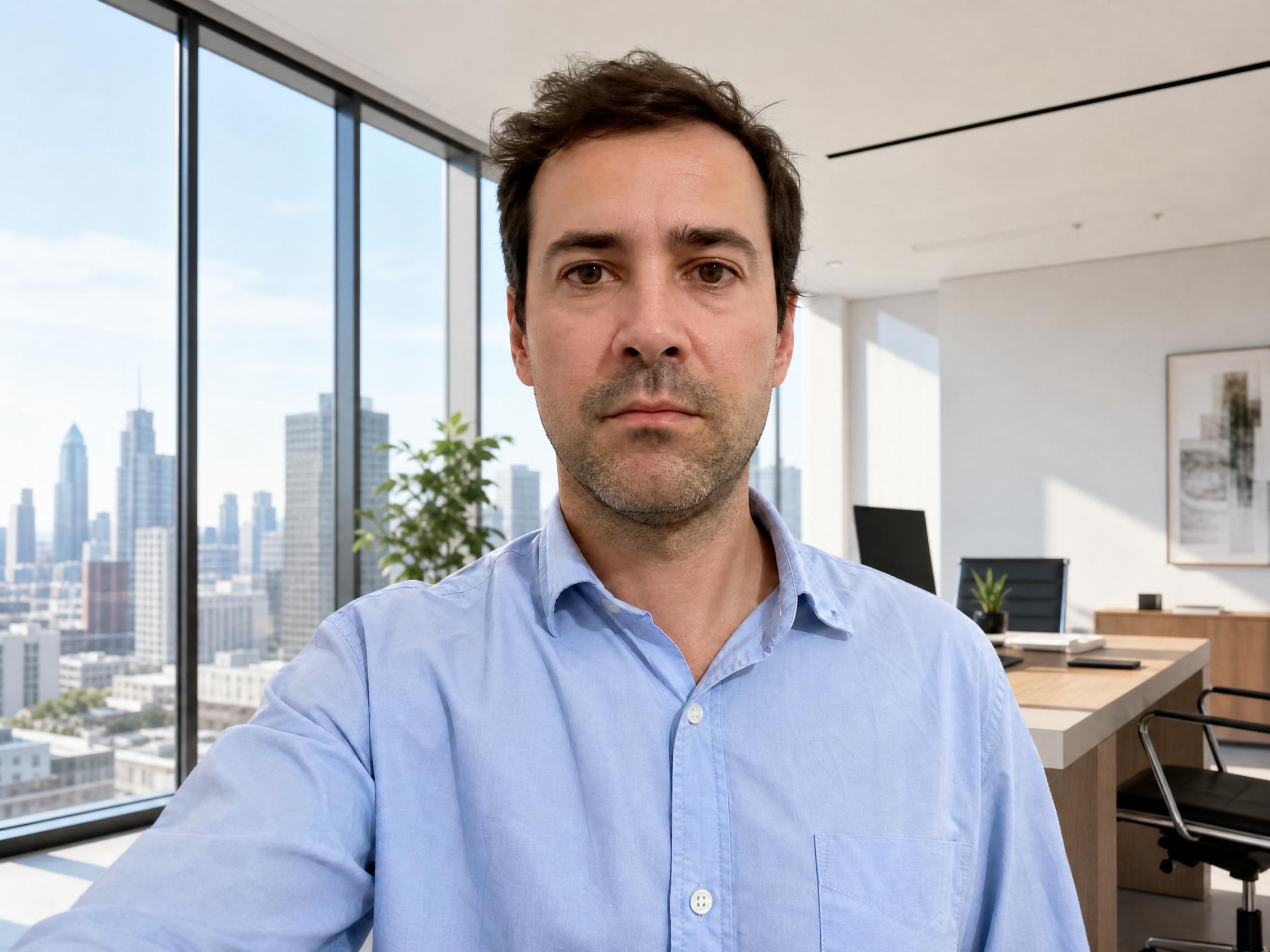 Después: el mismo retrato con el fondo sustituido por una oficina moderna con ventanales