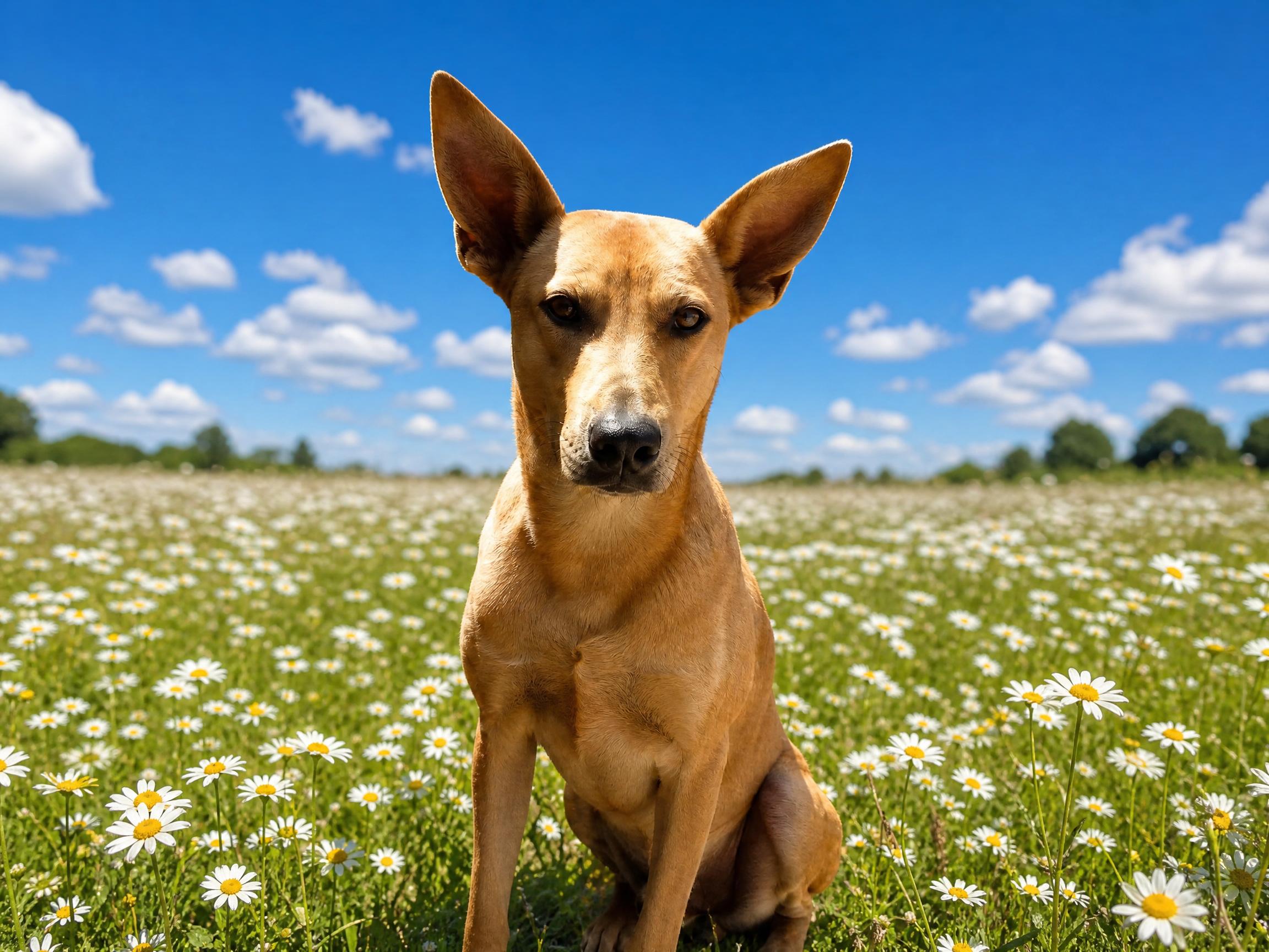 Después: el mismo perro sobre un campo de margaritas blancas con cielo azul
