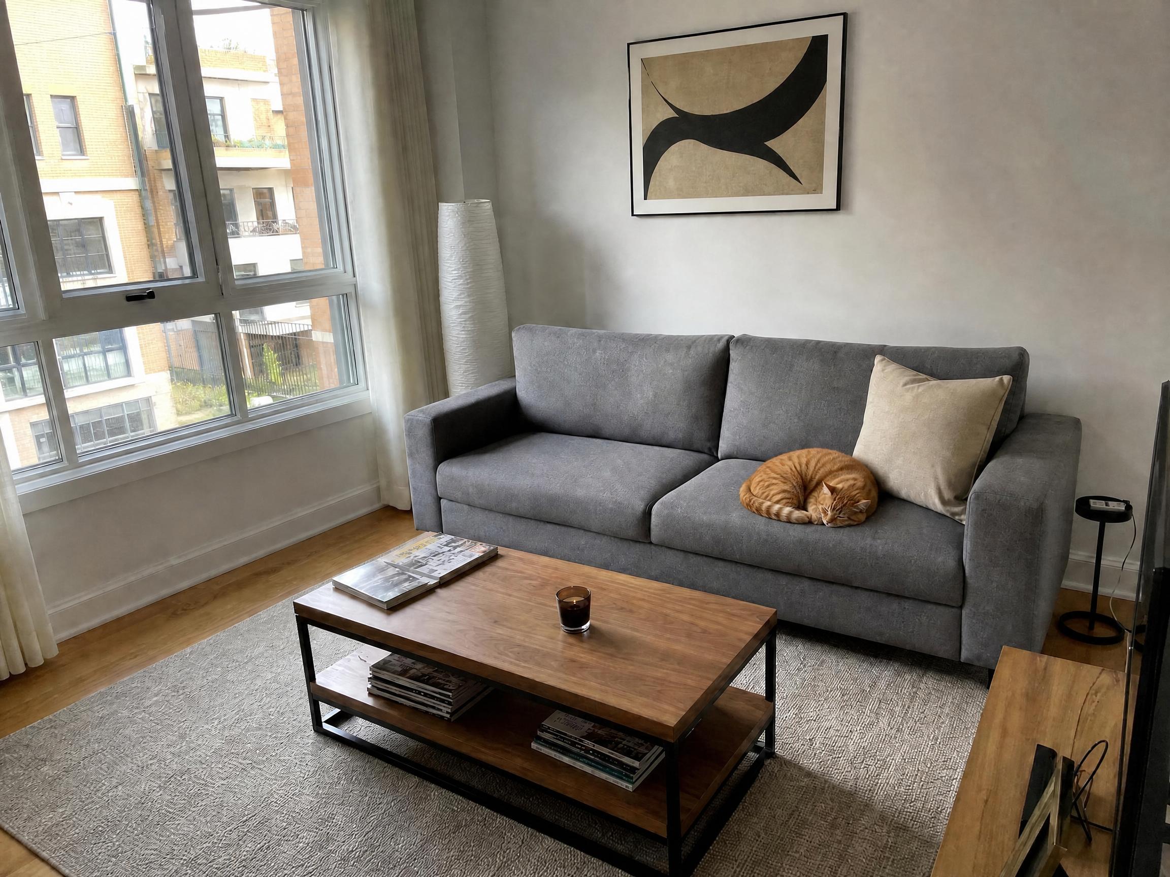 Después: la misma sala con un gato atigrado naranja durmiendo sobre el cojín derecho
