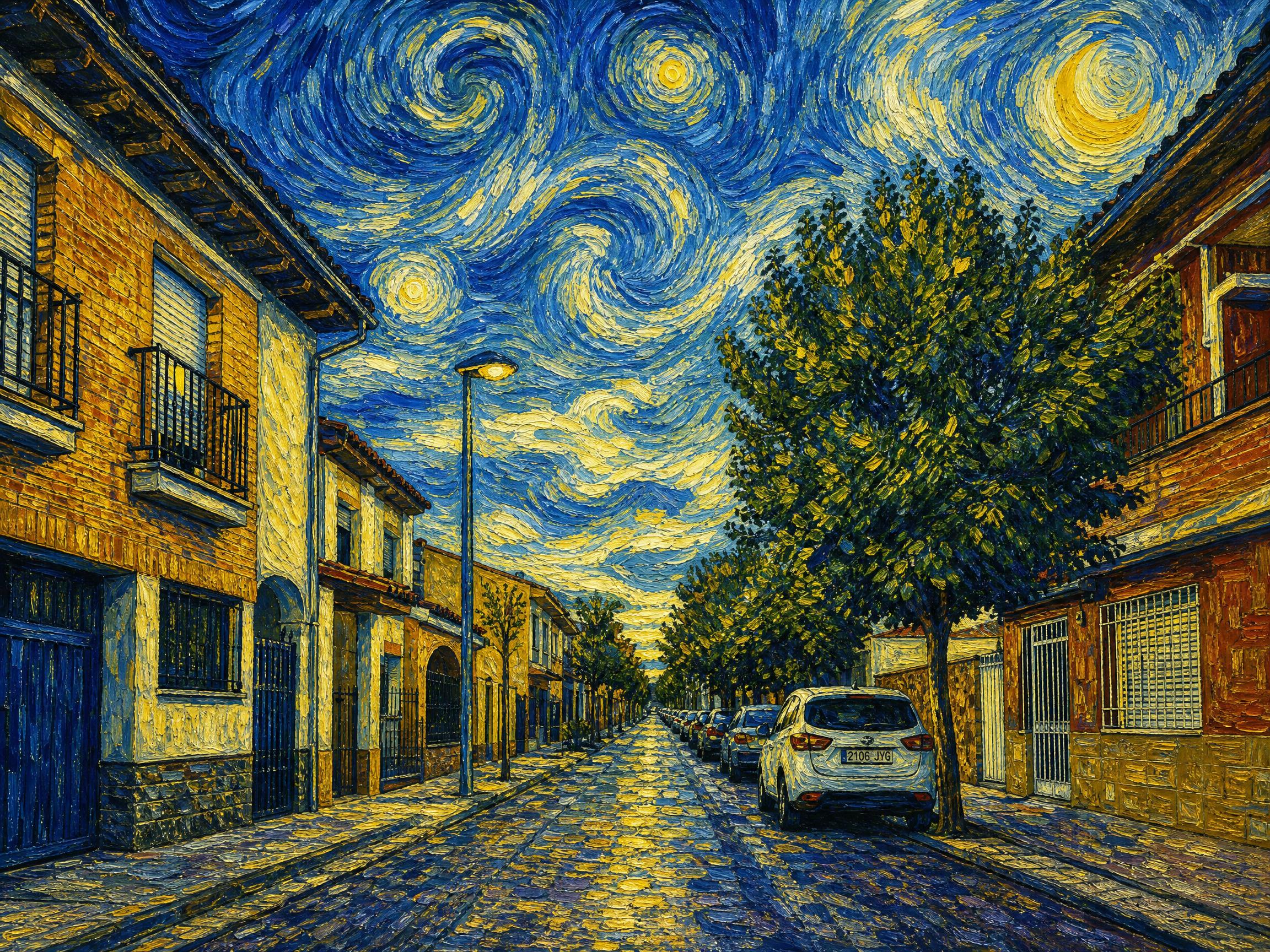 Después: la misma calle transformada en pintura postimpresionista con pinceladas gruesas