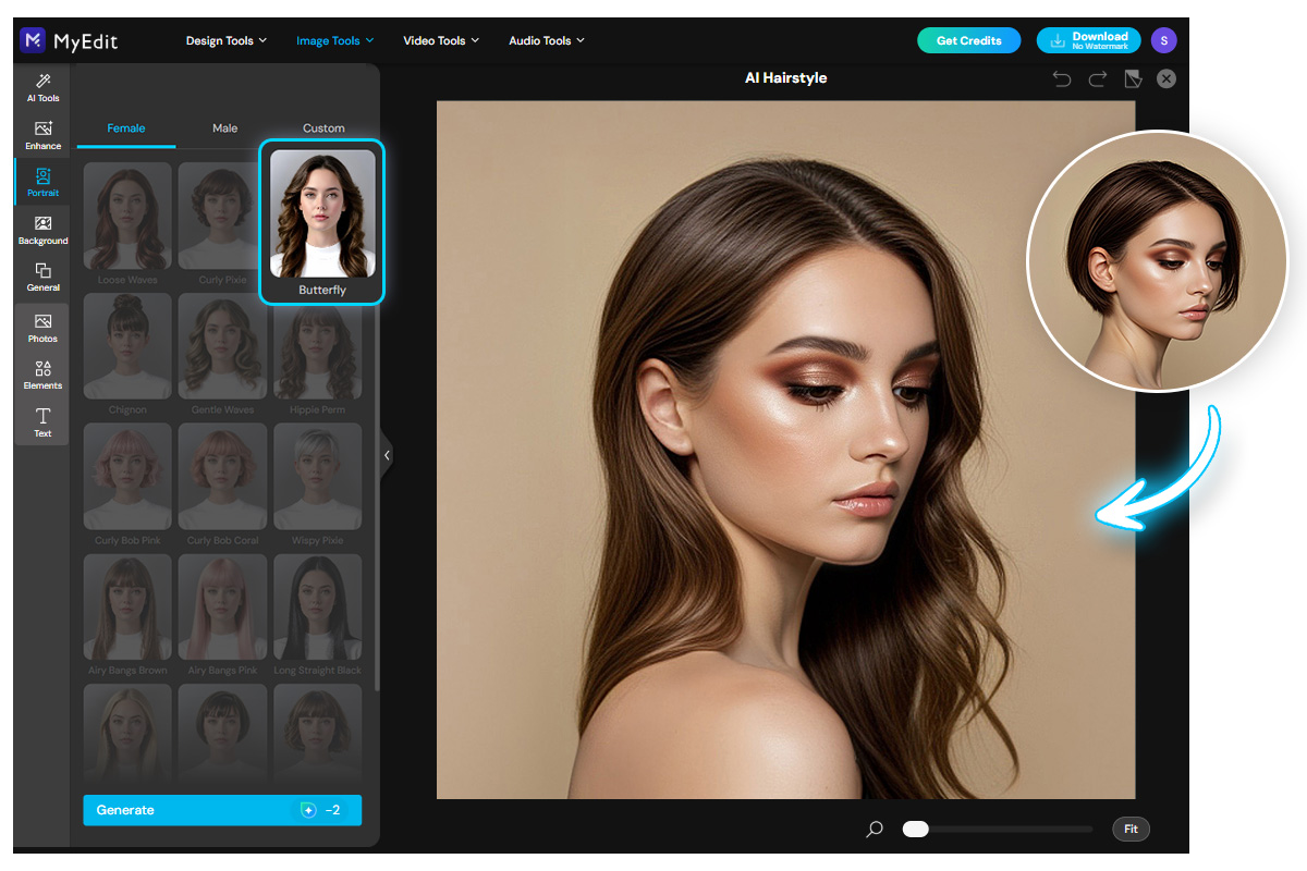 Using Built-in Templates Apply a Long Hair Filter Online