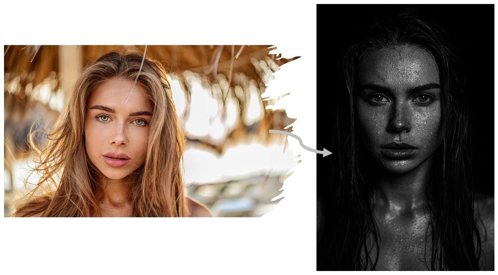 Bearbeitetes Bild mit ChatGPT: Schwarz-Weiß-Porträt mit Wassertropfen