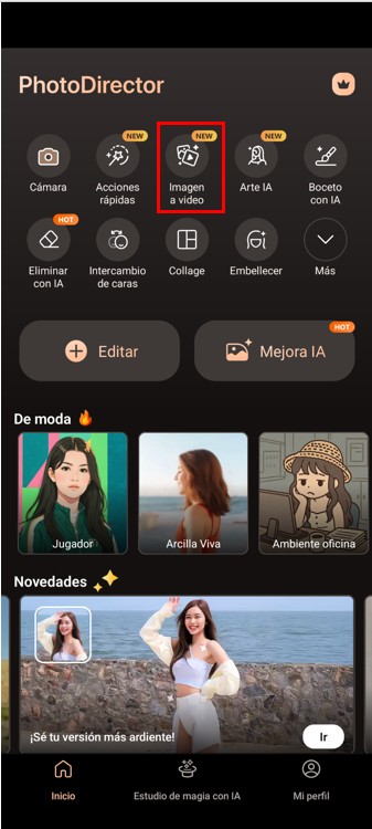 Interfaz de la herramienta Imagen a video con IA de PhotoDirector