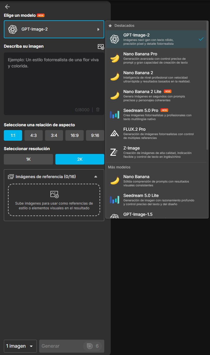 Panel del generador de MyEdit con el selector de modelo GPT-Image-2, el campo de descripción y las opciones de formato y resolución