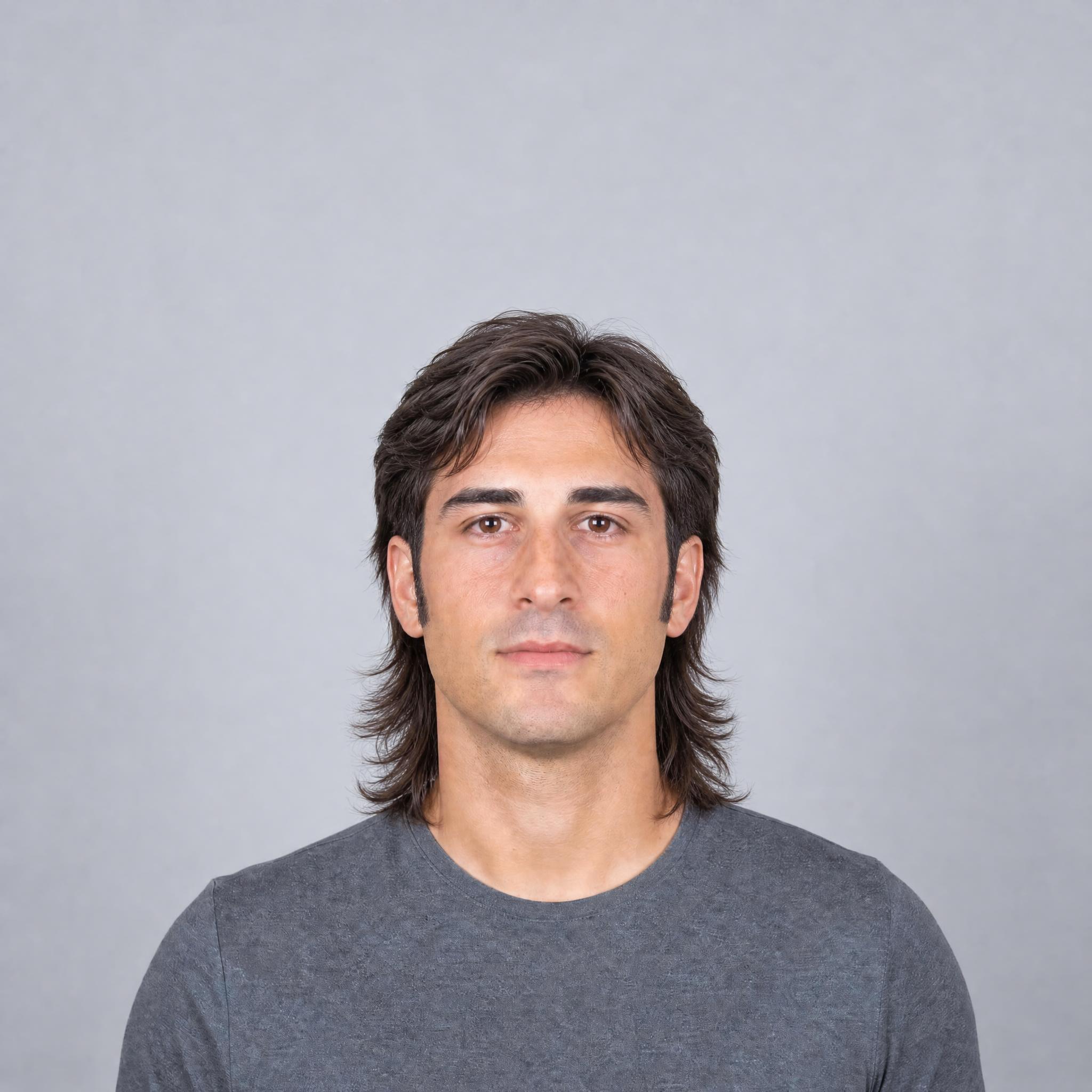 Mullet ochentero con la parte frontal corta y la nuca larga en capas sobre el retrato de partida masculino