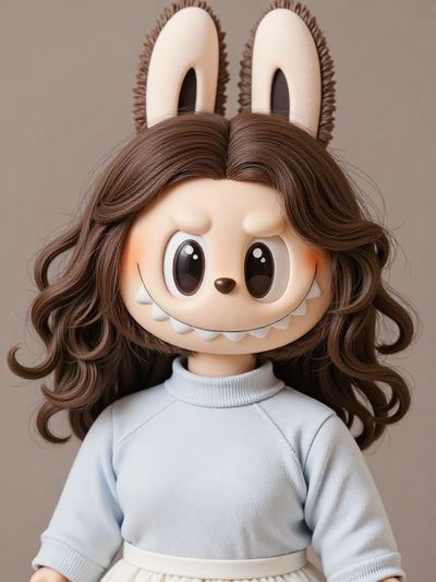 Dein Labubu-Bild ist fertig. Porträt einer Frau mit langen braunen Haaren.