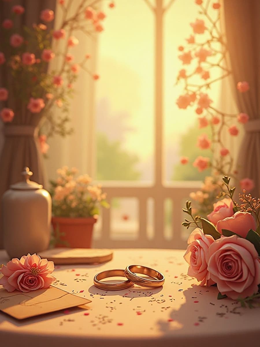 Goldene Eheringe auf einem Dokument, umgeben von Blüten und warmen Lichtern