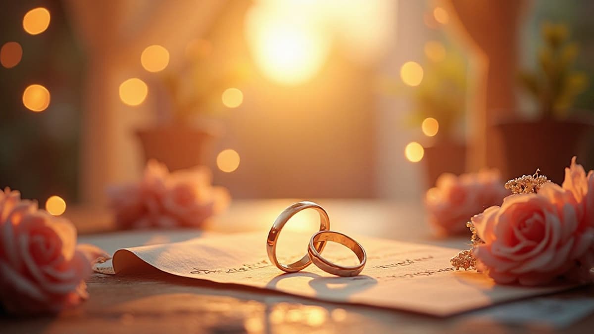 Goldene Eheringe auf einem Dokument, umgeben von Blüten und warmen Lichtern