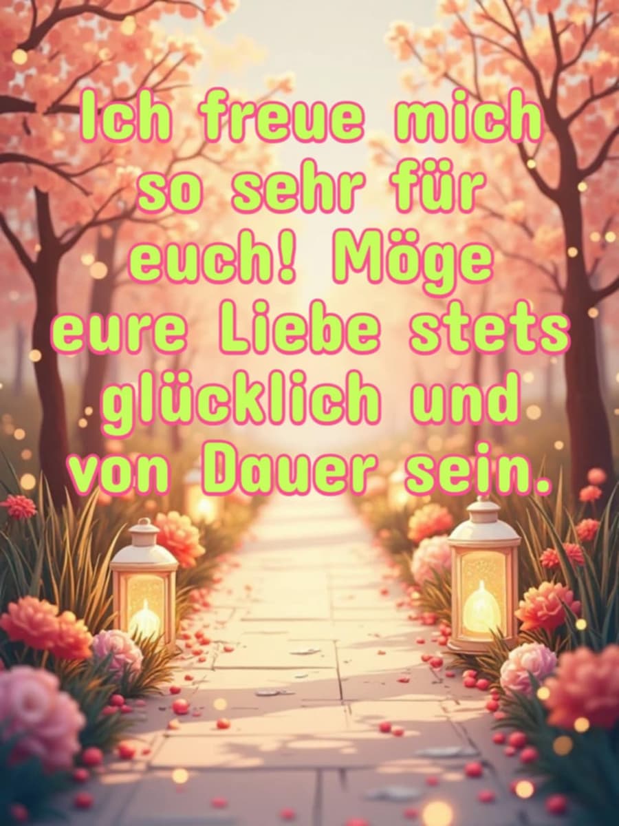 Hochzeitswunsch: 'Ich freue mich so sehr für euch! Möge eure Liebe stets glücklich und von Dauer sein.'