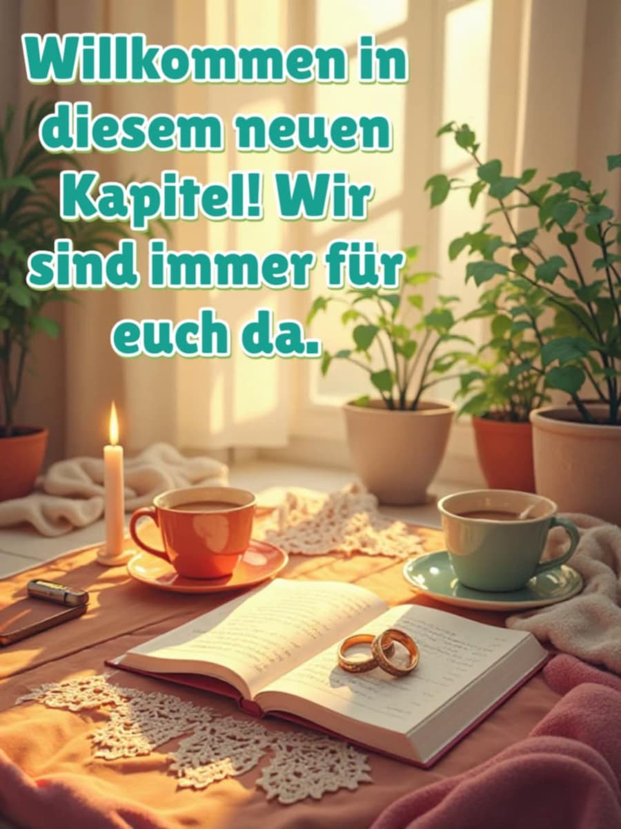 Hochzeitswunsch: 'Willkommen in diesem neuen Kapitel! Wir sind immer für euch da.'