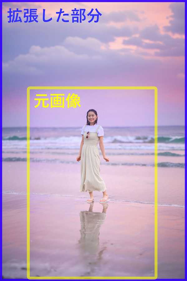モバイル版 PhotoDirector　サイズ調整　「AI 画像拡張」　適用後