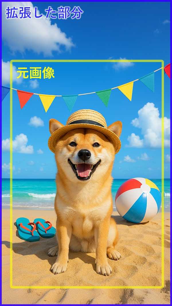 モバイル版 PhotoDirector　サイズ調整　「AI 画像拡張」　サンプル