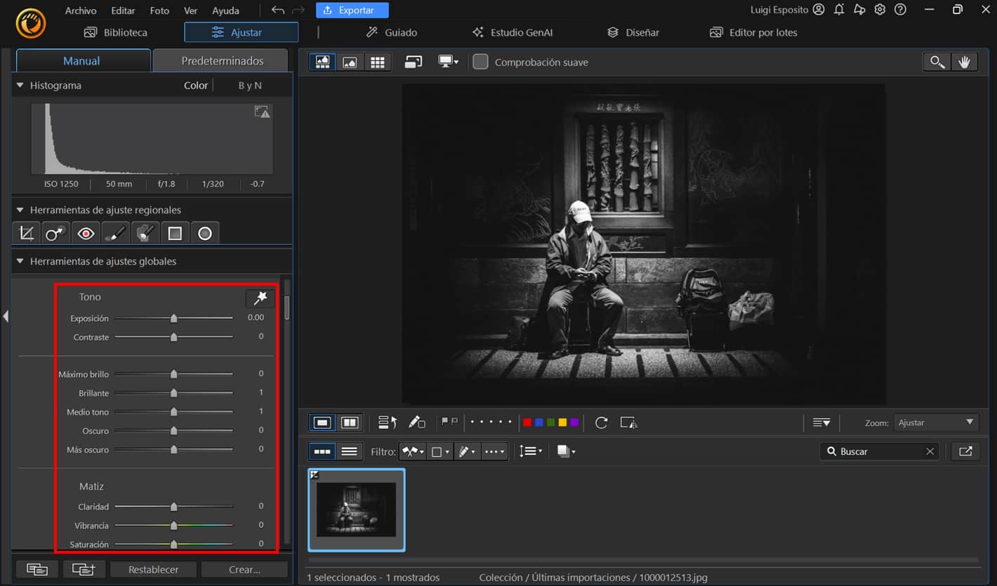 Herramientas de ajustes globales del editor de fotos de PhotoDirector