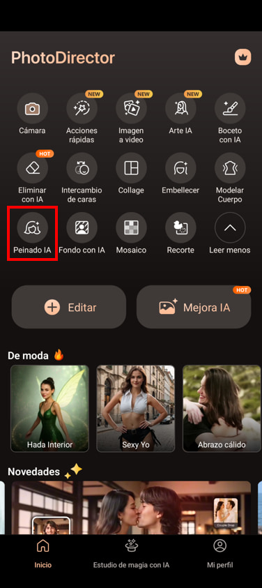 interfaz de PhotoDirector para crear peinados con IA