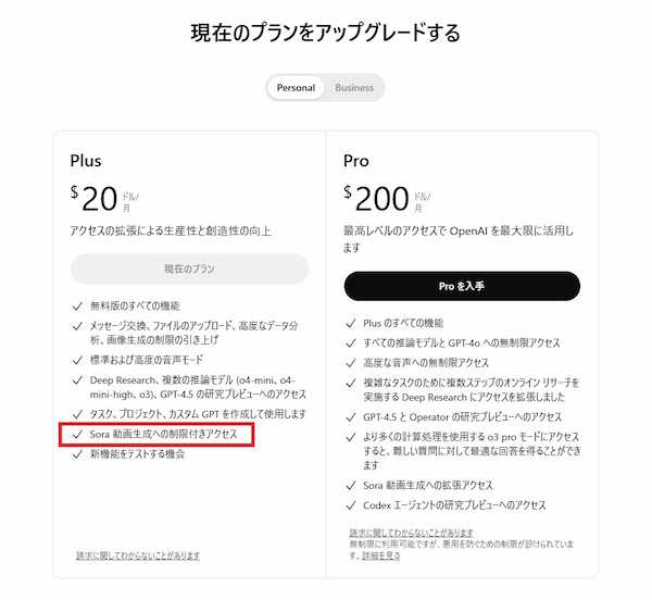 Sora ChatGPT 有料プラン