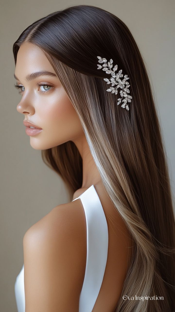 Cheveux lissés avec raie au milieu coiffure mariage simple et chic