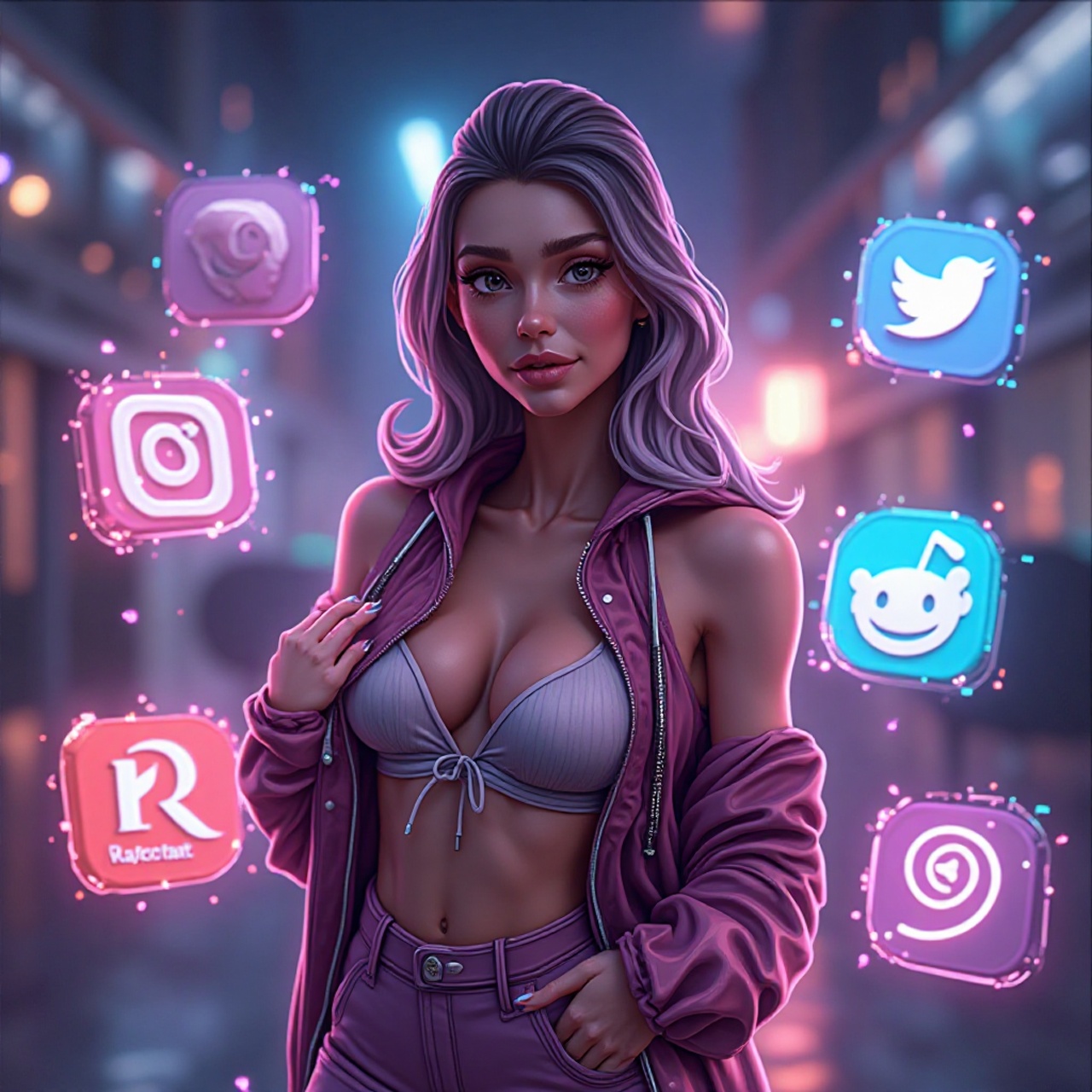 image illustration d'un modele onlyfans virtuel avec des logos des reseaux sociaux autours d'elle