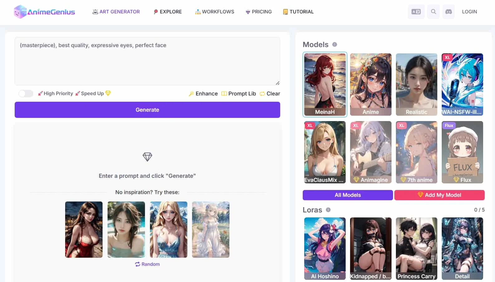 Página de incio del generador de Hentai AnimeGenius