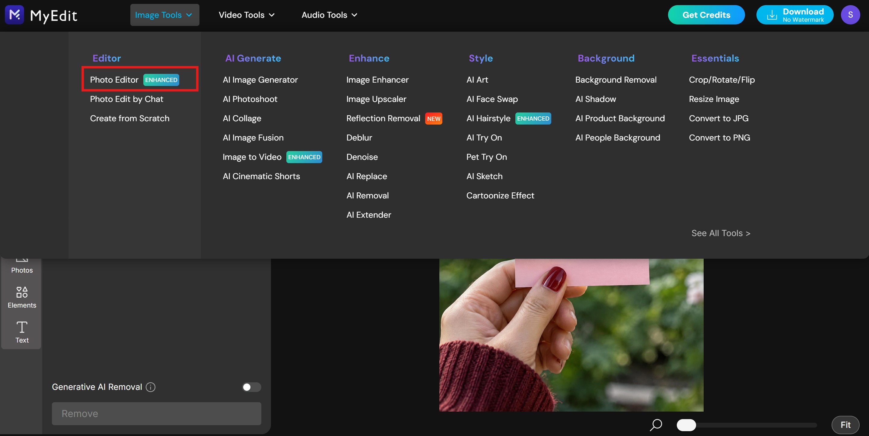 Opening the Photo Text Editor from the top menu in MyEdit