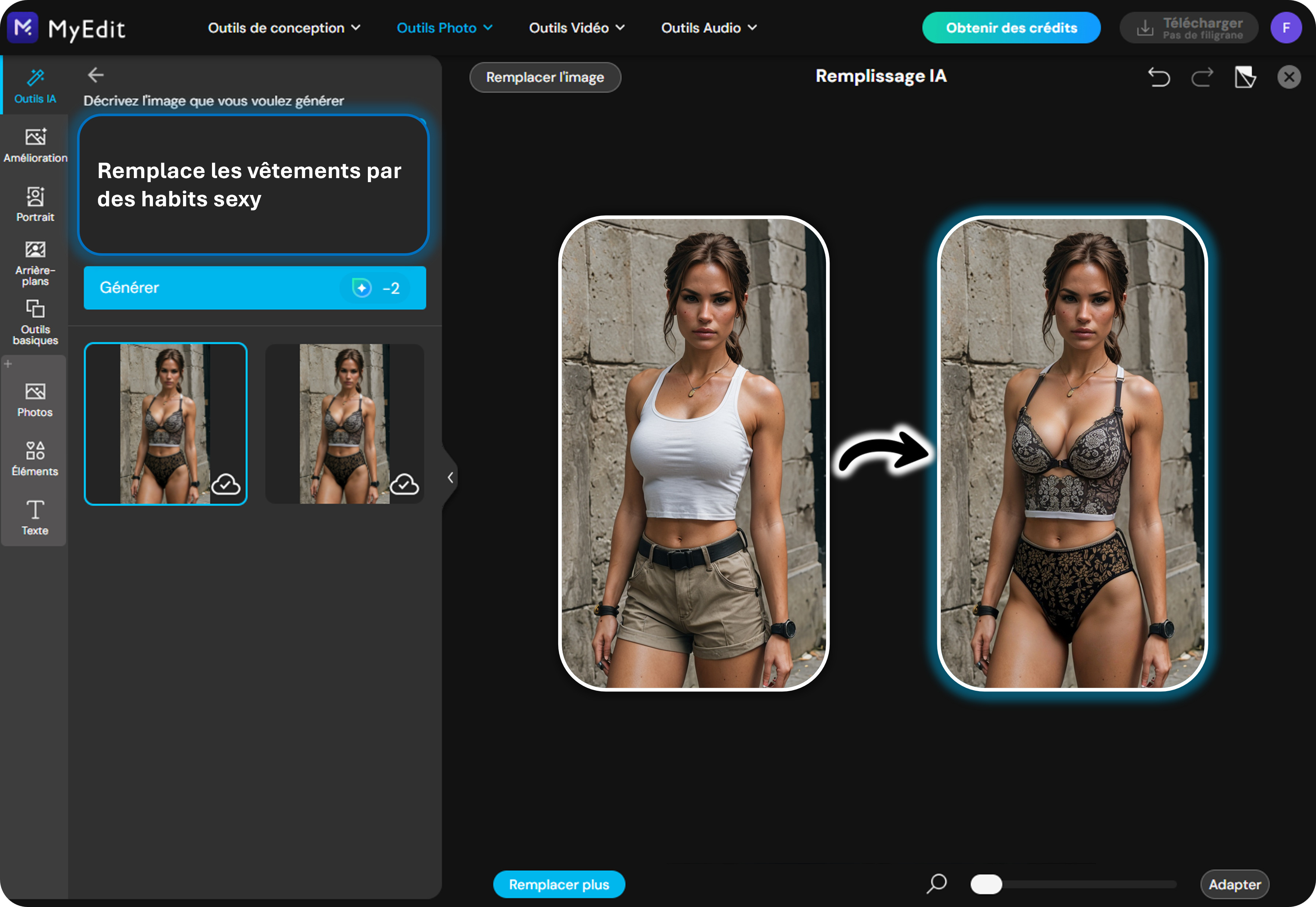 MyEdit - Créer une image sexy de Lara Croft avec l'outil remplissage IA