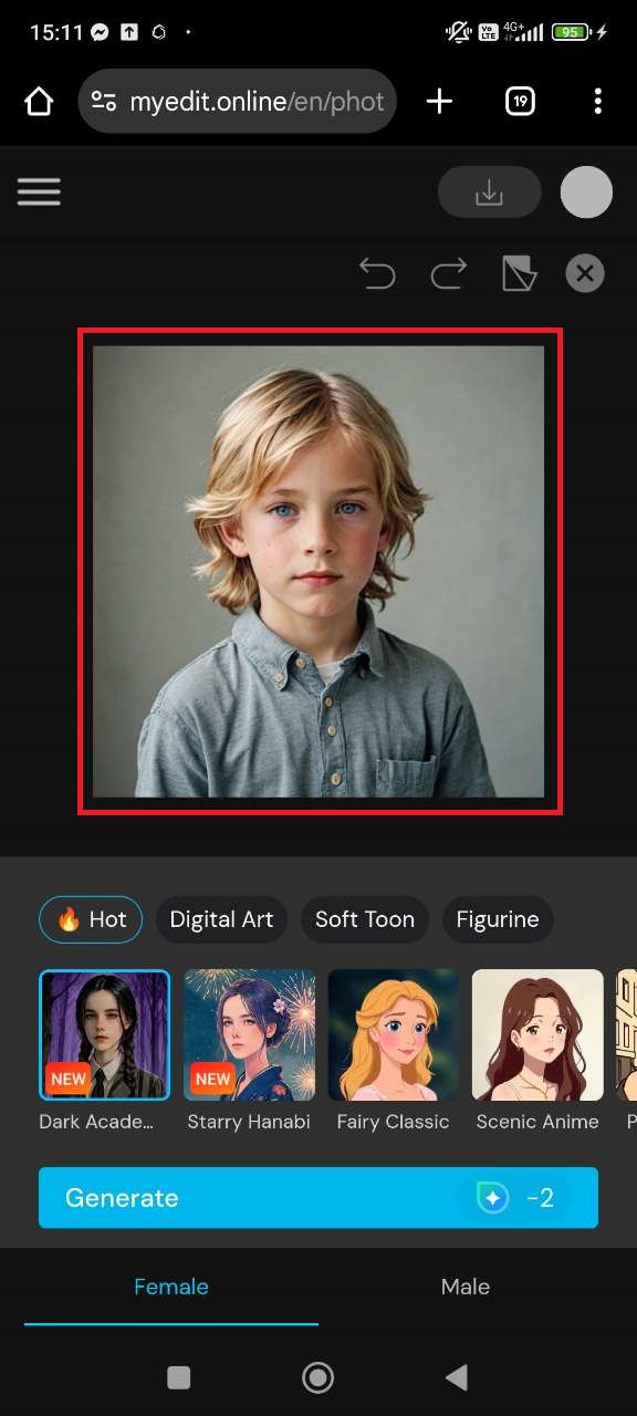Uploading a portrait photo to MyEdit AI Art