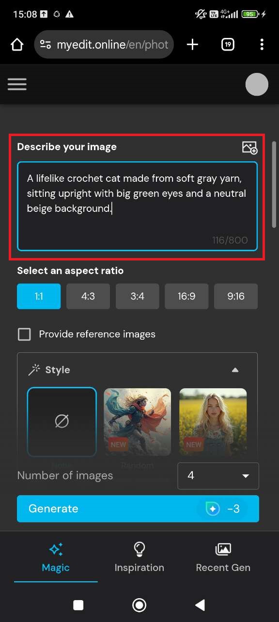 Entering AI Crochet Cat prompt in MyEdit
