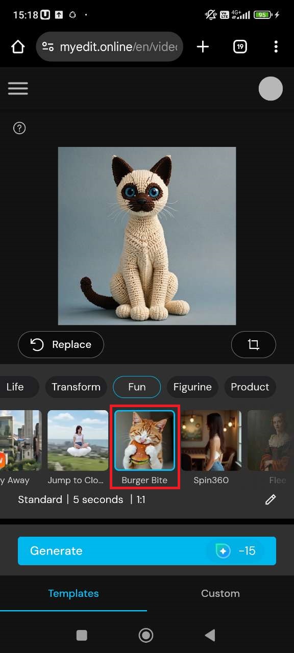 Selecting Burger Bite animation template in MyEdit