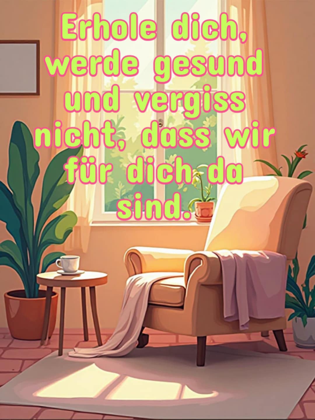 Gute Besserung Bild mit Spruch: 'Erhole dich, werde gesund und vergiss nicht, dass wir für dich da sind.'