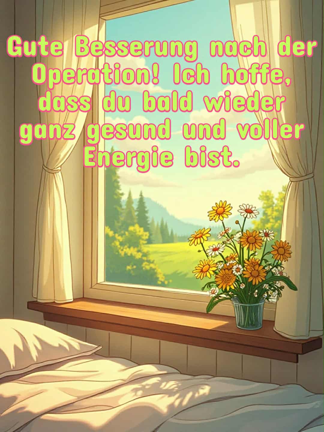 Gute Besserung Bild mit Spruch: 'Gute Besserung nach der Operation! Ich hoffe, dass du bald wieder ganz gesund und voller Energie bist.'