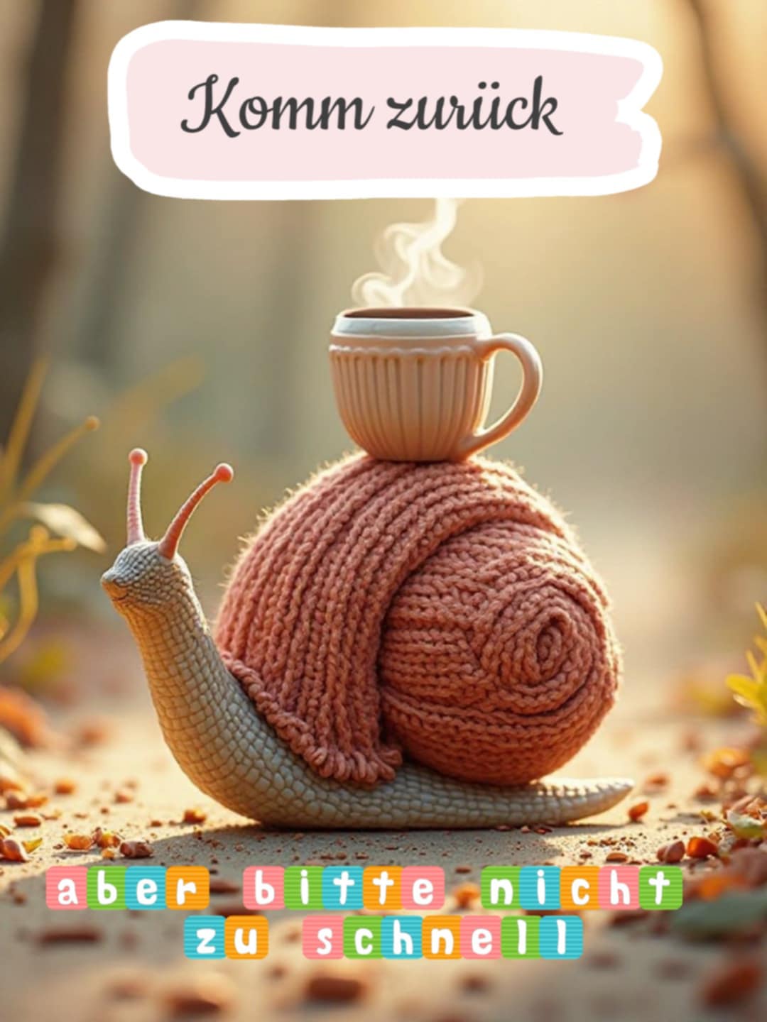 Gute Besserung Bild mit Spruch: 'Komm zurück, aber bitte nicht zu schnell.'