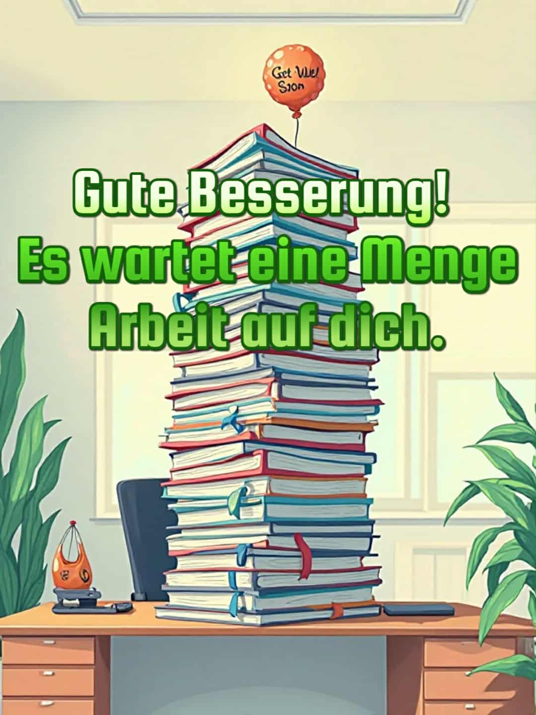 Gute Besserung Bild mit Spruch: 'Gute Besserung! Es wartet eine Menge Arbeit auf dich.'