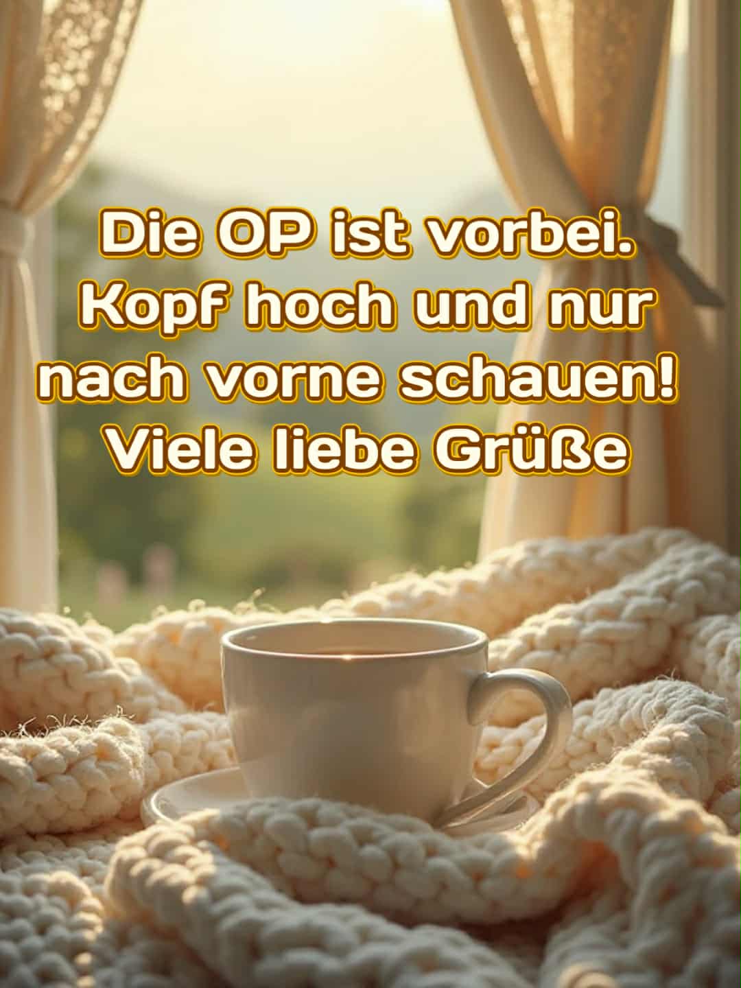 Gute Besserung Bild mit Spruch: 'Die OP ist vorbei. Kopf hoch und nur nach vorne schauen! Viele liebe Grüße'