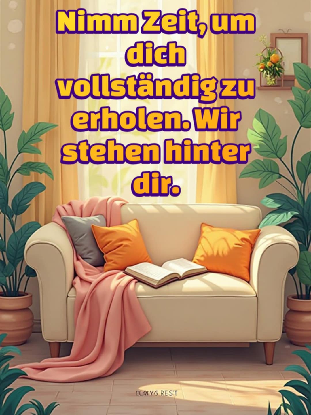 Gute Besserung Bild mit Spruch: 'Nimm Zeit, um dich vollständig zu erholen. Wir stehen hinter dir.'