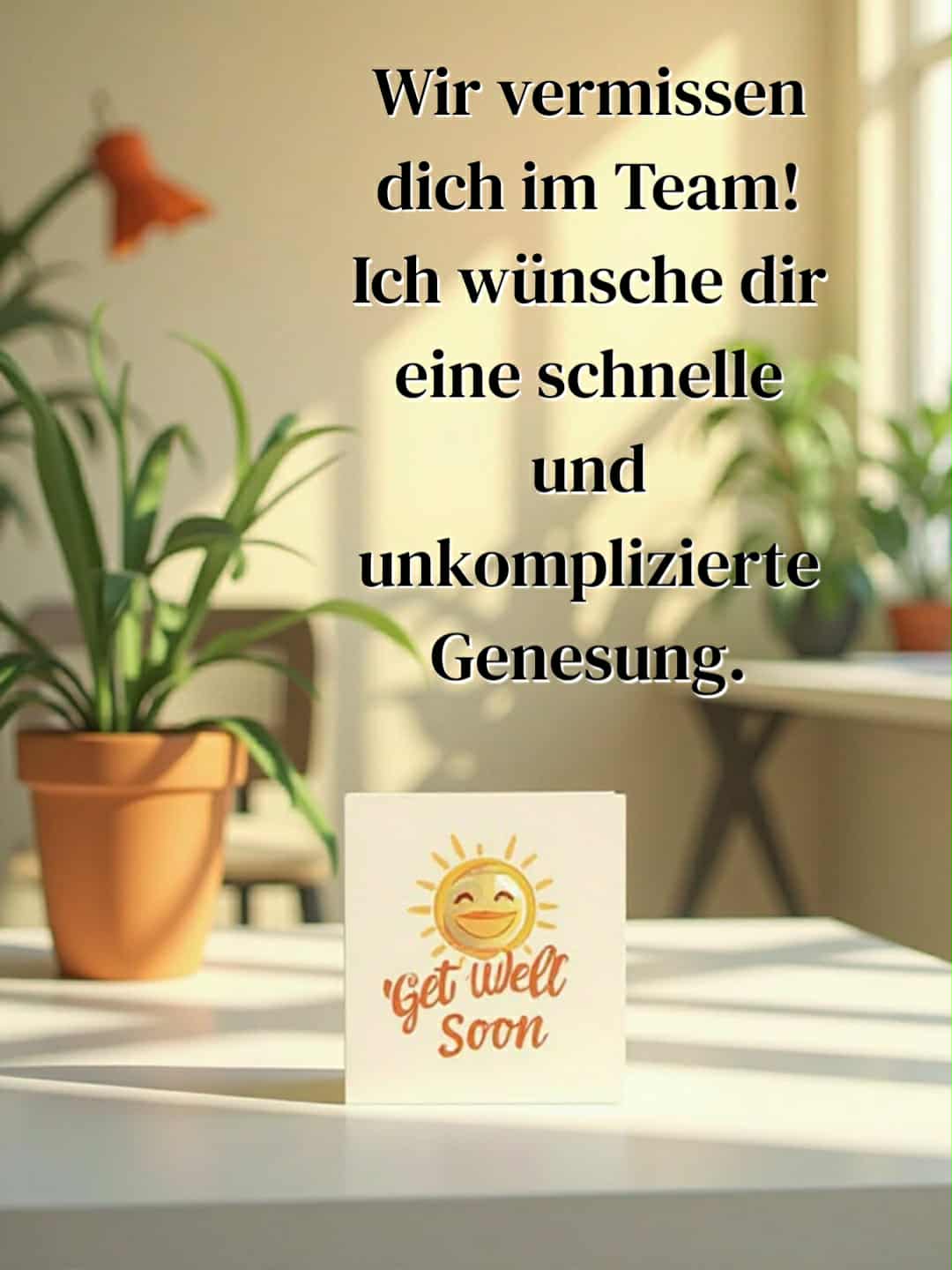Gute Besserung Bild mit Spruch: 'Wir vermissen dich im Team! Ich wünsche dir eine schnelle und unkomplizierte Genesung.'