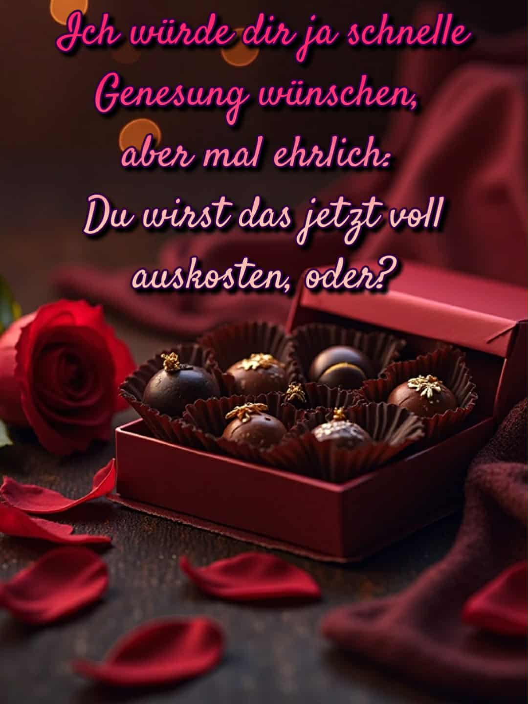 Gute Besserung Bild mit Spruch: 'Ich würde dir ja eine schnelle Genesung wünschen, aber mal ehrlich: Du wirst das jetzt voll auskosten, oder?'