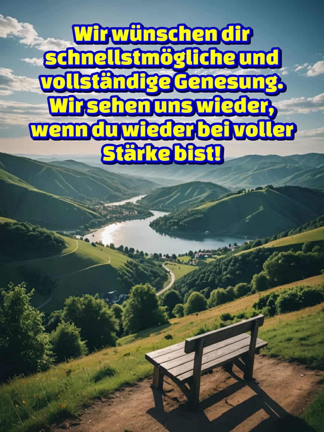 Gute Besserung Bild mit Spruch: 'Wir wünschen dir schnellstmögliche und vollständige Genesung. Wir sehen uns wieder, wenn du wieder bei voller Stärke bist!'