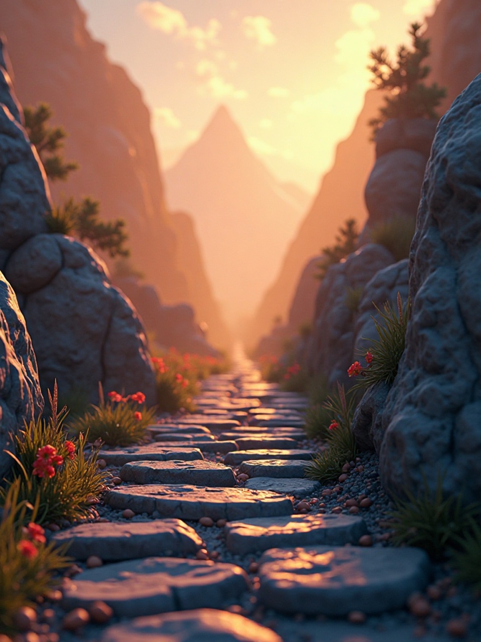 Pfad zu einem Berggipfel bei warmem Licht.