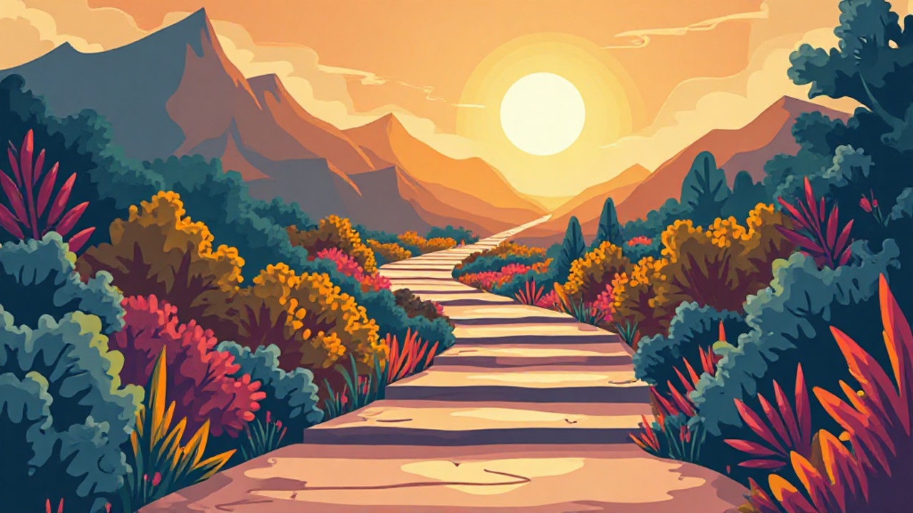 Pfad zu einem Berggipfel bei warmem Licht.