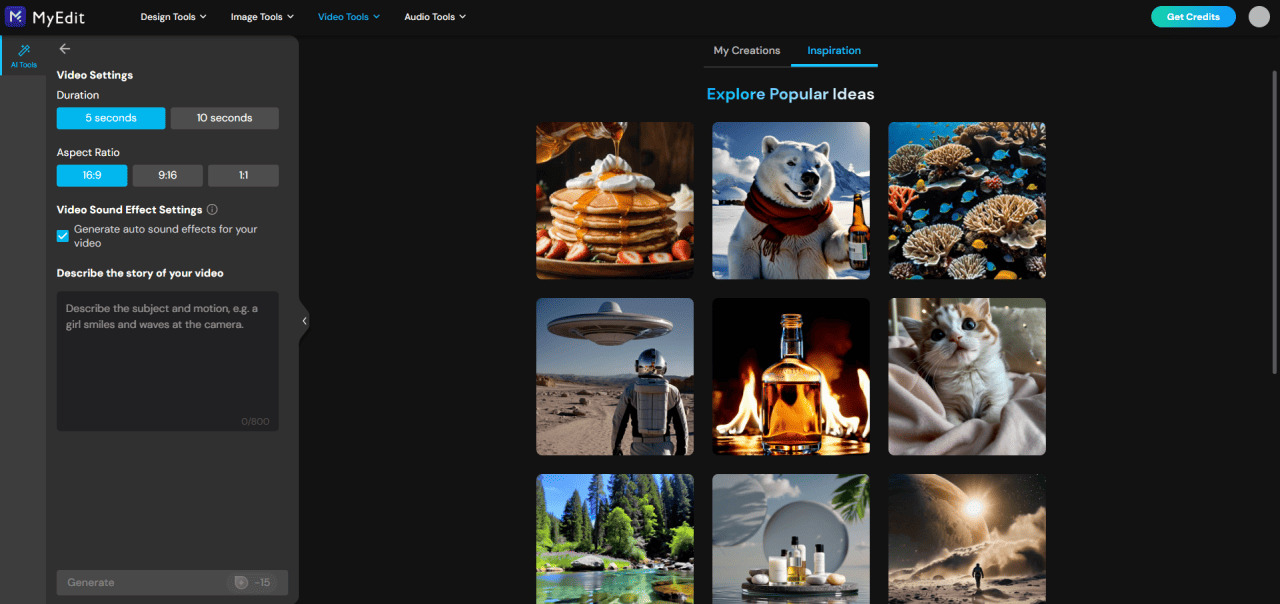 마이에딧 온라인 AI 텍스트-동영상 생성 단계