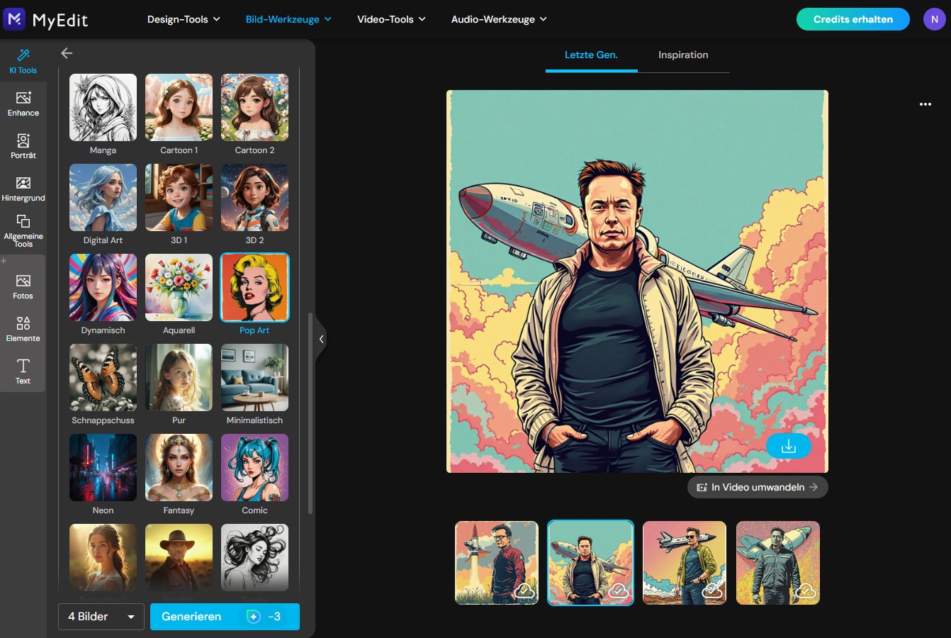 MyEdit KI-Bildgenerator Elon Musk im Pop-Art-Stil