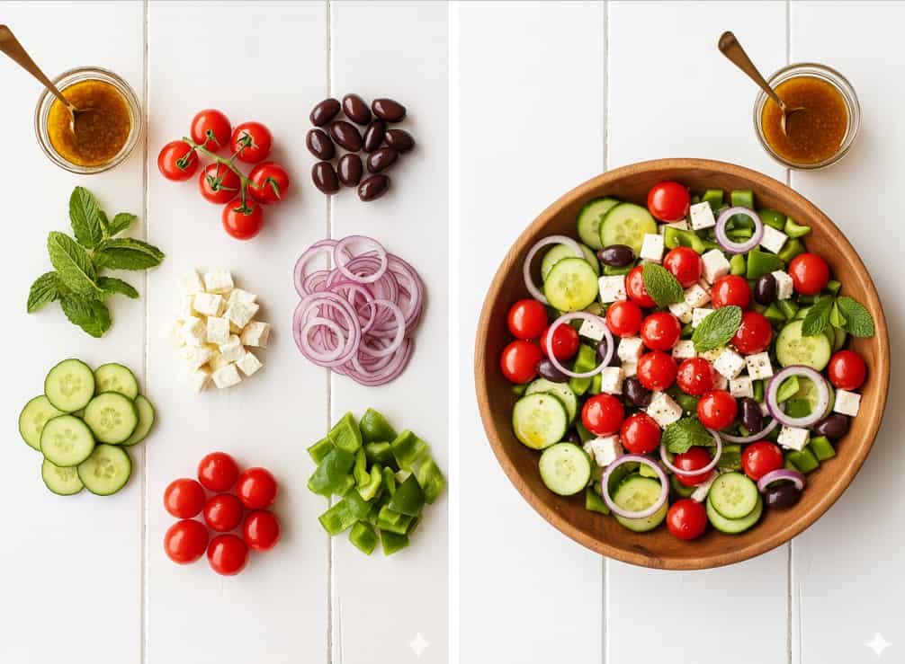 Imagen de una ensalada griega creada con Nano Banana a partir de una imagen de ingredientes.