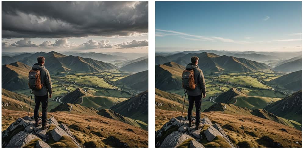Imagen de persona viendo una paisaje desde la cima de una montaña editada con Nano Banana