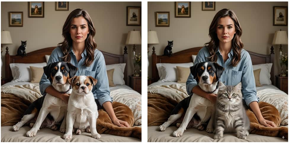 Imagen de una mujer con un perro y un gato editado con Nano Banana