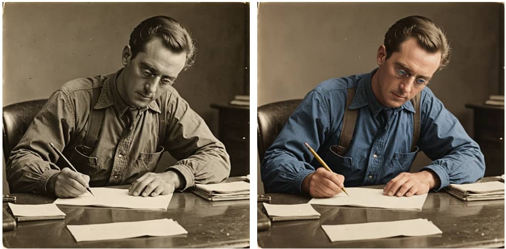 Imagen de hombre escribiendo, restaurada con Nano Banana