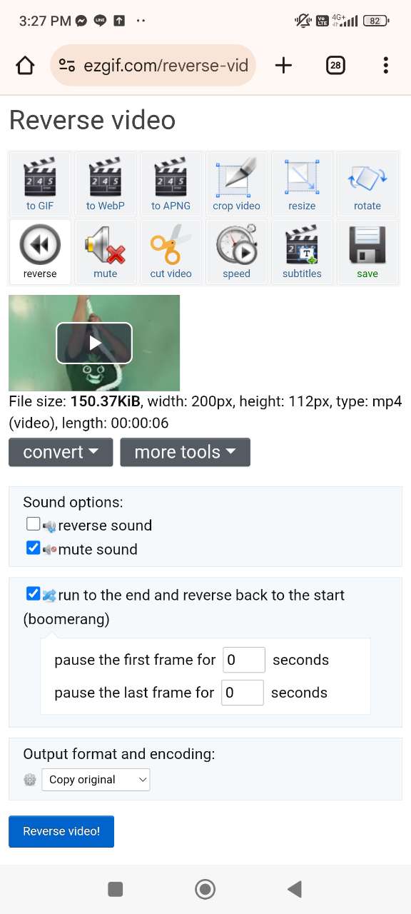 Reverse video options on Ezgif for iPhone