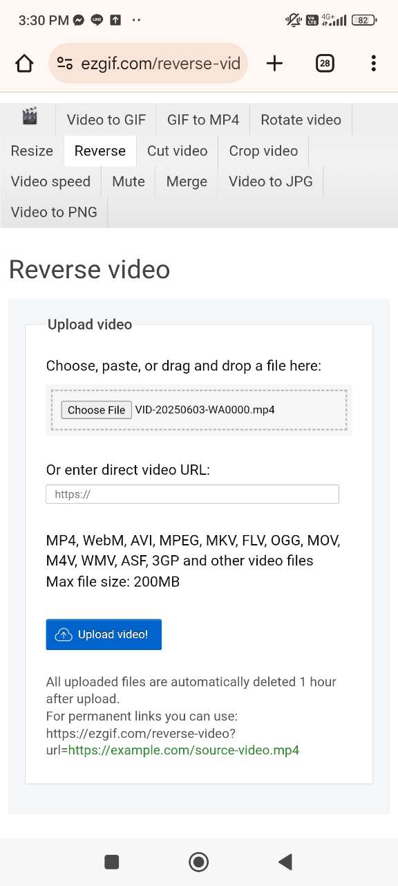 Upload video to Ezgif to reverse on iPhone
