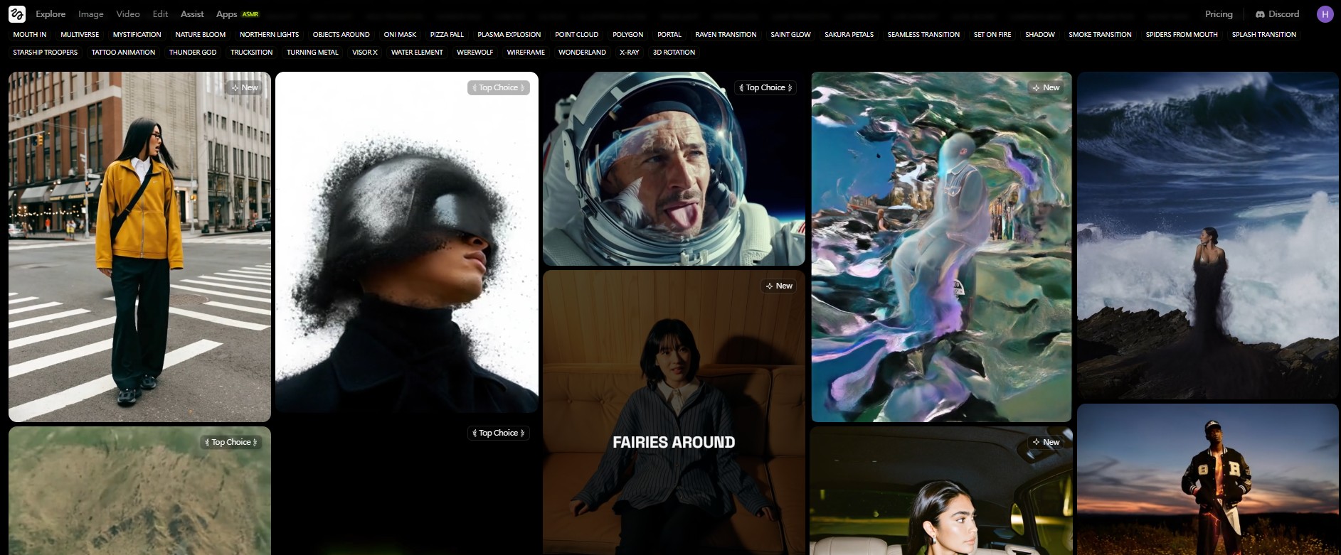 Higgsfield AI 首頁豐富的動態範本