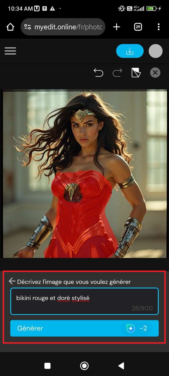 Entrer le prompt pour changer la tenue de Wonder Woman dans MyEdit