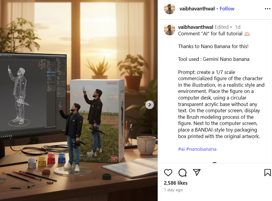 Instagram에서 Gemini로 AI 피규어를 생성한 게시물