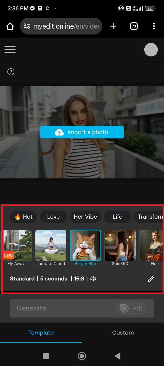 Selecting Hugging animation template in MyEdit